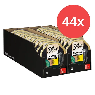Sheba Classics Nassfutter für Katzen, 44x Schalen à 85g, Sorten: Ente, Huhn und Pute. Verpackung mit Recycling-Symbol.