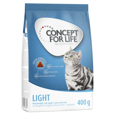 Concept for Life Light macskaeledel, 400 g. Túlsúlyos macskáknak 1 éves kortól. Special Formula X: testsúlykontroll, tartós teltségérzet, ízület- és porcvédelem.