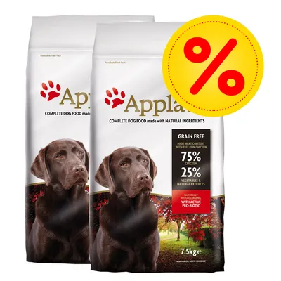 Två påsar Applaws hundfoder, text: 'Grain free', '75% chicken', '25% vegetables & natural extracts', vikt 7,5 kg. Stor gul rabatt-symbol med procenttecken. Två påsar Applaws hundfoder, text: 'Grain free', '75% chicken', '25% vegetables & natural extracts', vikt 7,5 kg. Stor gul rabatt-symbol med procenttecken.