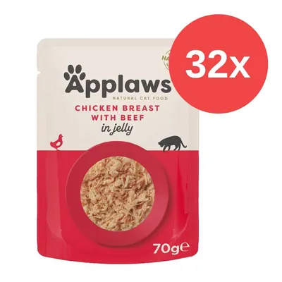 Applaws Natural Cat Food, Chicken Breast with Beef in Jelly, 70g, Packung mit 32 Stück.