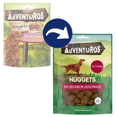 Purina Adventuros Nuggets Wildschwein-Geschmack, fettarm, hergestellt ohne Farbstoffe, zum Recyceln bestimmt.