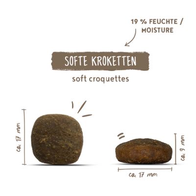 Softe Kroketten mit ca. 17 mm Durchmesser, ca. 9 mm Höhe und 19% Feuchte. Text: soft croquettes.