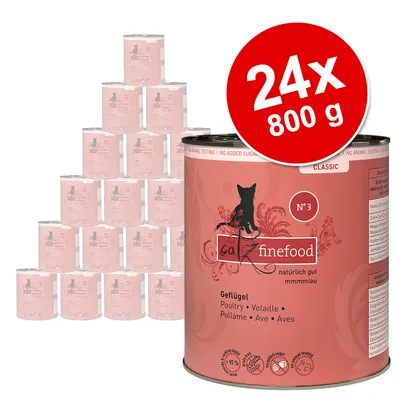 Lot de 24 boîtes Catz finefood N°3 Classic, volaille, 800 g chacune. Texte visible : sans tests sur animaux, sans sucres ajoutés, 95 % viande.