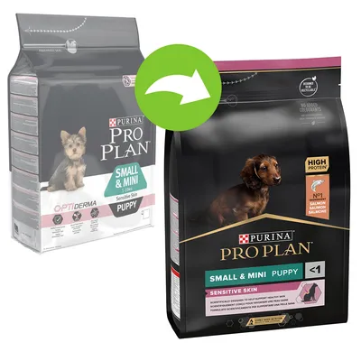 Ambalaj vechi și nou pentru Purina Pro Plan Small & Mini Puppy Sensitive Skin, cu mențiuni vizibile: High Protein, No.1 ingredient somon, fără coloranți adăugați, pentru piele sensibilă.