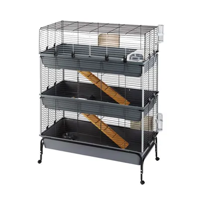 Three-level metal cage with plastic trays, two wooden ramps, water bottles attached to the sides, and a food bowl on the bottom level. Suitable for small animals. Cage shown empty.