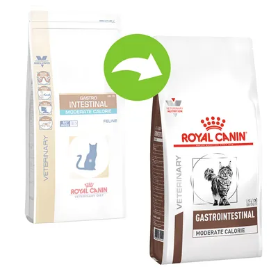 Verpakkingswijziging Royal Canin Gastrointestinal Moderate Calorie kattenvoer: oude en nieuwe zakken met merknaam, productnaam en afbeelding van kat zichtbaar.