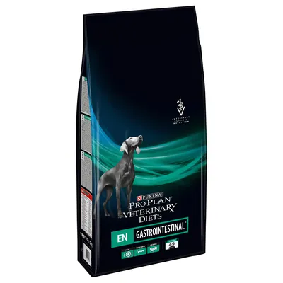 Opakowanie karmy Purina Pro Plan Veterinary Diets EN Gastrointestinal dla psów, widoczne logo i nazwa produktu na czarnym tle z zielonym wzorem.