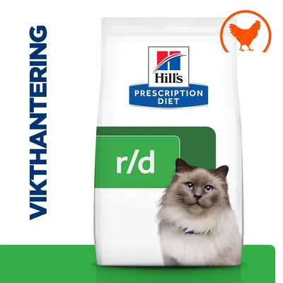 Hill's Prescription Diet r/d kattmat, viktminskning, bild på katt och kycklingsymbol. Text: VIKTHANTERING.