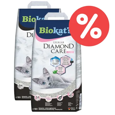 Biokat's Premium Diamond Care Fresh Klumpstreu mit Aloe Vera und Aktivkohle, 54 Tage Frische, Made in Germany, Baby-Puder-Duft. Rabatt-Symbol sichtbar.