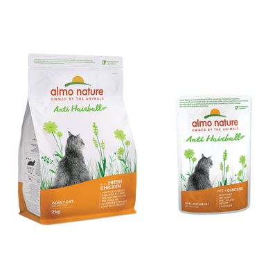 almo nature Anti Hairball Trockenfutter für erwachsene Katzen, mit frischem Huhn, 2kg Packung.