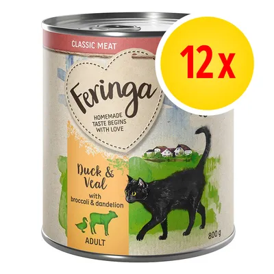 Feringa Duck & Veal with broccoli & dandelion ADULT, 800 g, zestaw 12 x. Na etykiecie czarny kot i ilustracja wsi. Classic Meat. Homemade taste begins with love.