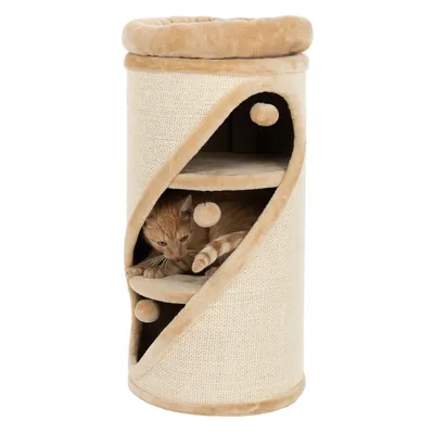 Krabpaal in beige met drie niveaus, speelballen en een kat op het middelste niveau. Bovenste niveau gewatteerd als ligvlak.