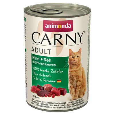 Animonda Carny Adult nöt + rådjur med tranbär, 100 % färska ingredienser, utan spannmål, tillverkad i Tyskland. Burk med bild av köttbitar och katt.