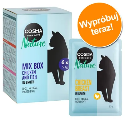 Cosma Nature Mix Box Chicken and Fish in Broth, 6 x 50 g. Saszetka: Chicken Breast in Broth, 50 g. 100% natural ingredients. Napis: Wypróbuj teraz!