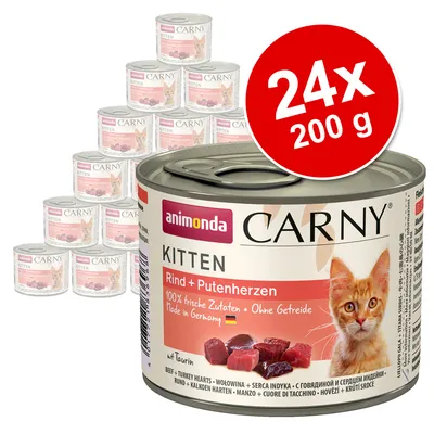 Animonda Carny Kitten beef and turkey hearts wet food, 24 cans of 200g each, made in Germany, grain-free with taurine, contains fresh ingredients.