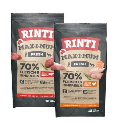 Mix 2 Sortimente RINTI Max-i-mum Hrană Uscată - Pui + Vită (2 x 12 kg)