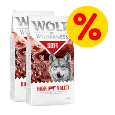 Dvě balení Wolf of Wilderness Soft High Valley 12 kg, nápis SOFT, HIGH VALLEY, with fresh beef and chicken meat, 100% grain-free recipe, žlutý symbol procenta v rohu Dvě balení Wolf of Wilderness Soft High Valley 12 kg, nápis SOFT, HIGH VALLEY, with fresh beef and chicken meat, 100% grain-free recipe, žlutý symbol procenta v rohu