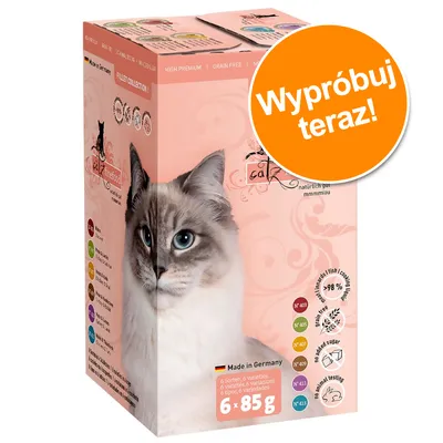 Opakowanie catz finefood Fillet Collection, 6 × 85 g, Made in Germany. Widoczne oznaczenia: >98 % mięsa/ryb, bez dodatku cukru, testowane przez weterynarzy. Pomarańczowe kółko: Wypróbuj teraz!