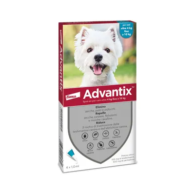 Advantix® Spot-on antiparassitario per cani oltre 4 kg fino a 10 kg - 4 pipette (1,0 ml) Advantix® Spot-on antiparassitario per cani oltre 4 kg fino a 10 kg - 4 pipette (1,0 ml)