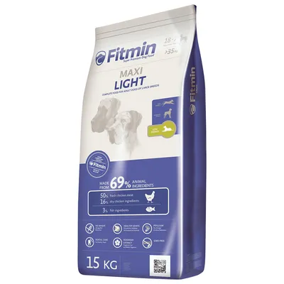 Fitmin Maxi Light, Super Premium hrană pentru câini de rase mari, 15kg. 69% ingrediente de origine animală, 50% carne proaspătă de pui, 16% pui uscat, 3% pește. Fără grâu, fără OMG, cu îngrijire dentară și articulară.