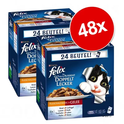 Felix Doppelt Lecker, 48 пакетиков. Видны упаковки с надписями: 24 Beutel!, Fleischauswahl in Gelee, варианты мяса: говядина, ягнёнок, индейка, курица, телятина, печень, почки.