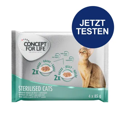 Concept for Life Sterilised Cats, Nassfutter für kastrierte Katzen ab dem 1. Lebensjahr, 4x85g, 2x Soße und 2x Gelee. Jetzt testen.