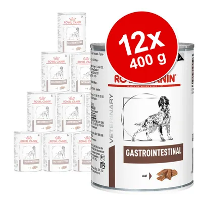 Royal Canin Gastrointestinal koiran märkäruoka, 12 x 400 g. Pakkauksessa näkyy koirakuva ja teksti VETERINARY GASTROINTESTINAL LOAF.
