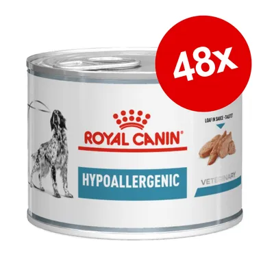 Royal Canin Hypoallergenic -koiran märkäruoka, purkki. Pakkauksessa teksti: HYPOALLERGENIC, 48x, LOAF IN SAUCE – TAIUTE, VETERINARY. Kuvassa koira ja ruoka-annos.