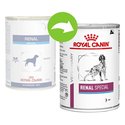 To dåser Royal Canin Renal Special hundefoder, gammel og ny emballage, med grøn pil der viser overgang. Synlig tekst: RENAL SPECIAL, VETERINARY DIET, CANINE, LOAF, 410g.