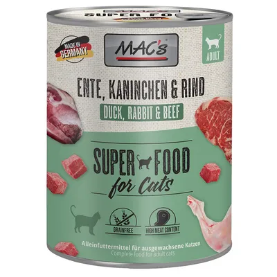 MAC's Super Food for Cats, kacsa, nyúl és marha. Németországban készült, felnőtt, gabonamentes, magas hústartalom. Teljes értékű eledel felnőtt macskáknak.