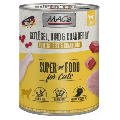 MAC's Super Food for Cats, perad, govedina i brusnica. Proizvedeno u Njemačkoj, bez žitarica, visok udio mesa, bez dodanog šećera, bez kemijskih konzervansa.