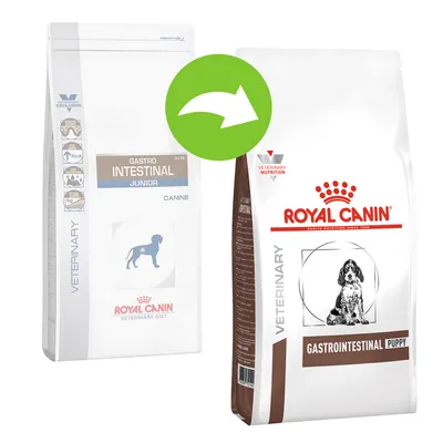 Royal Canin Gastro Intestinal Junior -koiranruokapakkaus ja uusi Royal Canin Gastrointestinal Puppy -pakkaus, vihreä nuoli osoittaa muutoksen vanhasta uuteen tuotteeseen.