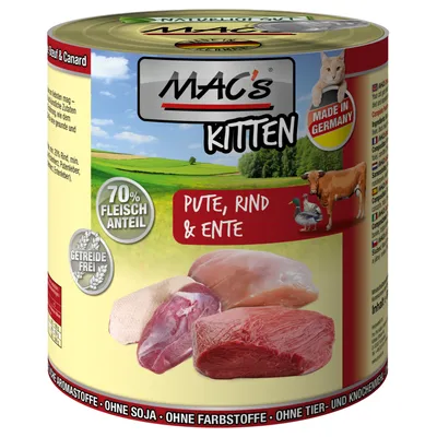 MAC's Kitten, conserve pour chaton, 70 % viande, sans céréales, dinde, bœuf et canard, Made in Germany, sans soja ni colorants, visuels de morceaux de viande sur l’emballage.