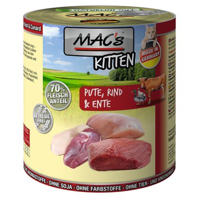 MAC's Kitten märkäruoka, Pute, Rind & Ente. 70 % Fleischanteil, Getreidefrei, Made in Germany. Kuvassa kalkkunan-, naudan- ja ankanlihaa sekä kissanpentu.