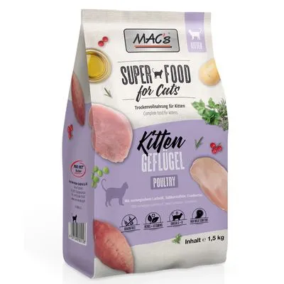 MAC's Super Food for Cats Kitten Geflügel Poultry, droogvoer voor kittens, inhoud 1,5 kg. Zichtbare iconen: graanvrij, geen kunstmatige toevoegingen, rijk aan vlees. MAC's Super Food for Cats Kitten Geflügel Poultry, droogvoer voor kittens, inhoud 1,5 kg. Zichtbare iconen: graanvrij, geen kunstmatige toevoegingen, rijk aan vlees.