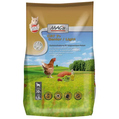 MAC's CAT 7+ Senior / Light, vyobrazené kuře, brusinky, olej, text: Made in Austria, Grain Free, 30 % protein, 9,5 % tuk, bez brambor, s norským lososovým olejem.