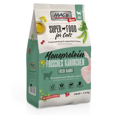 MAC's Mono Super Food for Cats Monoprotein Frisches Kaninchen Fresh Rabbit, alimento secco per gatti adulti, 1,5 kg. Testo in tedesco e inglese visibile sulla confezione.