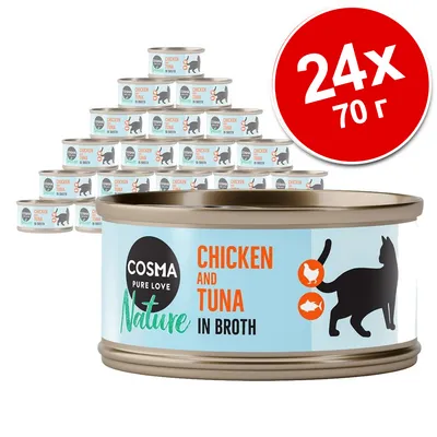 24 консерви Cosma Pure Love Nature Chicken and Tuna in Broth по 70 г. Видими са етикетите с надпис и силует на котка.