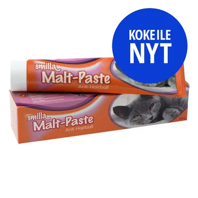 smilla Malt-Paste Anti-Hairball -tahna, 200 g. Pakkauksessa harmaa kissa. Sininen ympyrä, jossa teksti: KOKEILE NYT.