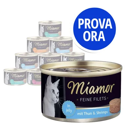 Scatolette Miamor Feine Filets per gatti, visibili vari gusti tra cui 'mit Thun & Shrimps'. Etichetta blu con scritta bianca: PROVA ORA.