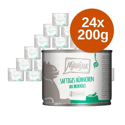 MjAMjAM Saftiges Hühnchen an Brokkoli macskaeledel, 24×200g csomagolás látható a képen. Felirat: 24x200g.