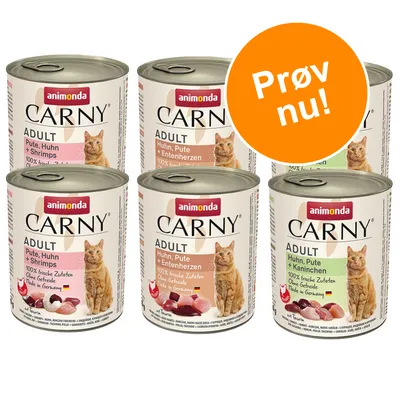 animonda Carny ADULT kattemad dåser, varianter: Pute, Huhn + Shrimps; Huhn, Pute + Entenherzen; Huhn, Pute + Kaninchen. Tekst: Prøv nu! 100% friske Zutaten, Ohne Getreide, Made in Germany.
