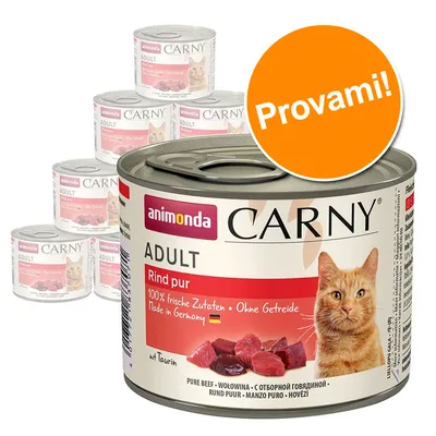 animonda Carny ADULT Rind pur, 100% frische Zutaten, Ohne Getreide, Made in Germany, con scritta arancione 'Provami!' su una confezione di cibo umido per gatti adulti.