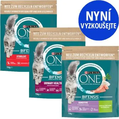 Tři balení Purina ONE Bifensis pro kočky: Sterilcat, Urinary Health, Sensitive. Text v němčině. Modrý kruh s nápisem NYNÍ VYZKOUŠEJTE.