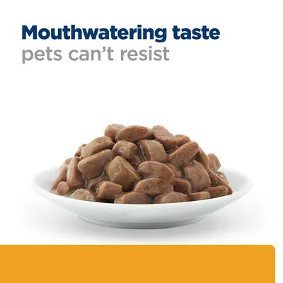 Bowl of meaty chunks in gravy with the text 'Mouthwatering taste pets can’t resist' above, highlighting product appeal.