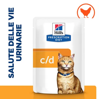Hill's Prescription Diet c/d per gatti, salute delle vie urinarie, confezione con immagine di gatto e simbolo pollo in alto a destra.