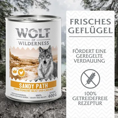 Wolf of Wilderness Sandy Path Senior, frisches Geflügel, 100% getreidefreie Rezeptur, fördert geregelte Verdauung, mit Wildbeeren, Wurzeln und Kräutern, 400g Dose.