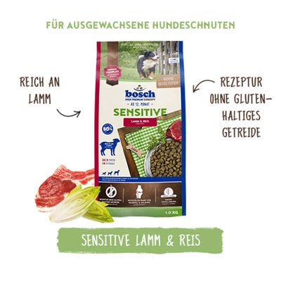 bosch Sensitive Lamm & Reis, reich an Lamm, Rezeptur ohne glutenhaltiges Getreide, für ausgewachsene Hundeschnuten, 1 kg Packung abgebildet.