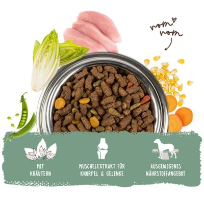 Trockenfutter mit Erbsen, Karotten, Mais, Fleisch und Kräutern. Mit Kräutern, Muschelextrakt für Knorpel & Gelenke, ausgewogenes Nährstoffangebot.