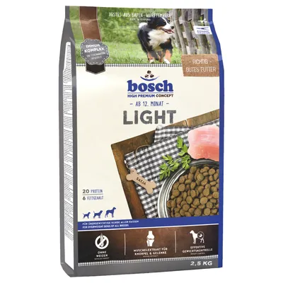 bosch High Premium Concept LIGHT hondenvoer, vanaf 12 maanden, 20% eiwit, 6% vet, zonder tarwe, voor overgewicht, 2,5 kg verpakking. Tekst deels in Duits.